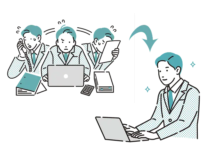 イラスト：様々な作業に追われていた男性が焦らず作業できるようになった様子